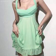 Yunuo Menswear Vestido holgado con escote descubierto y superposición de malla, con efecto deslumbrante y favorecedor - Verde - Ver 4