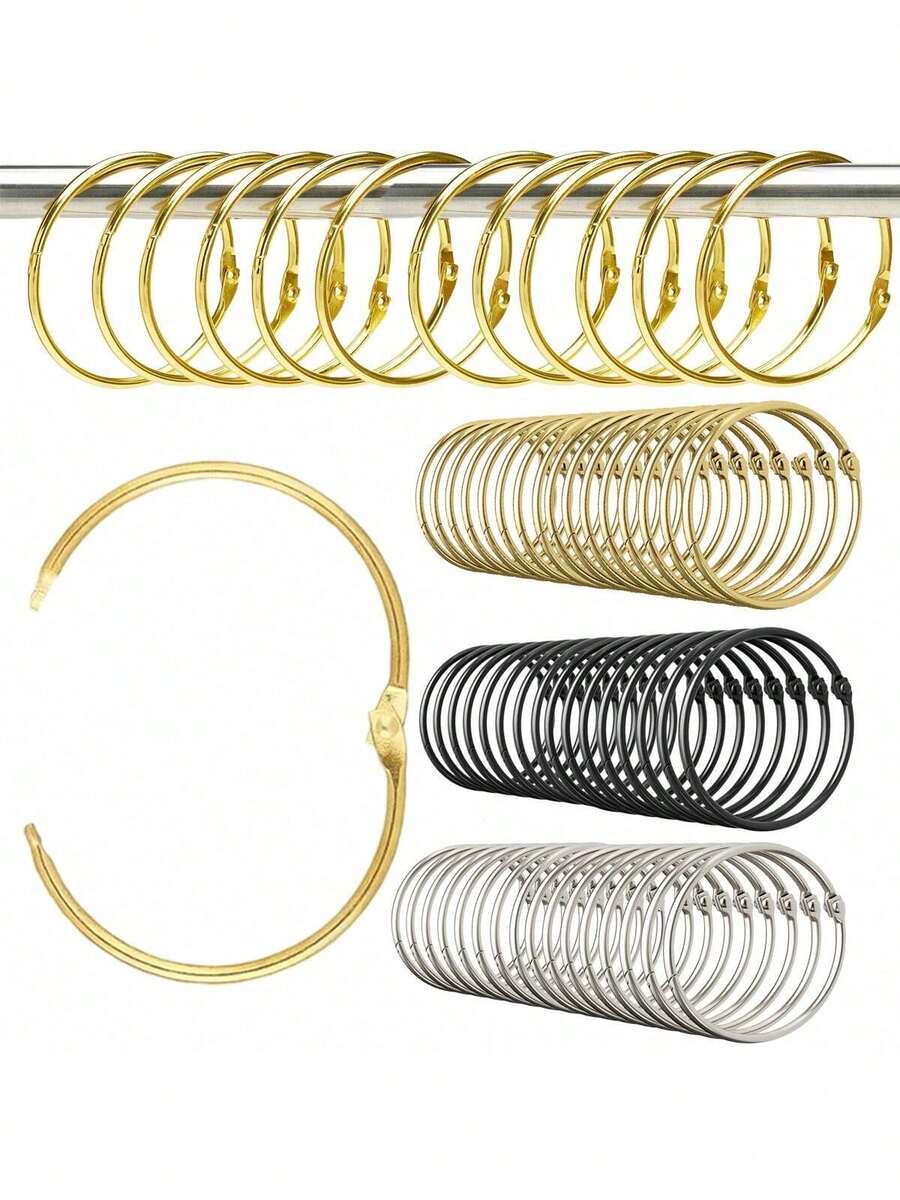 10/30/50pcs Rust-Resistant Bathroom Shower Curtain Rings Hooks, Round Decorative Metal Shower Curtain Rings, Loose Ring Inner Diameter 2 Inches (Approx. 5cm), (Gold, Silver, Black) - Multicolor - View 1