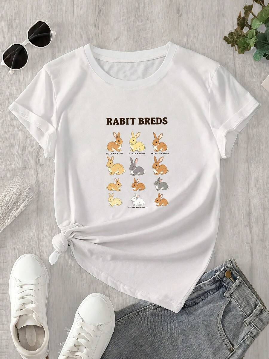 Camiseta estampada para mujer, 1 unidad, manga corta, primavera/verano, el regalo perfecto para las fiestas. - Blanco - Ver 1