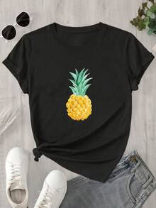 Camiseta estampada para mujer, 1 unidad, manga corta, primavera/verano, el regalo perfecto para las fiestas. - Negro - Ver 1