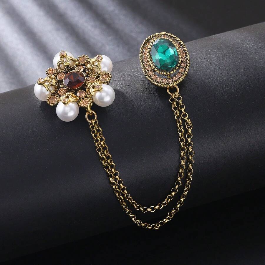 1pc-Vintage Elegant Double Layer Chain Flower Zinc Alloy Brooch Suitable For Women Wedding Banquet Party Wear Dress Suit Accessory