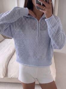 Women's Knit Sweater With Turn-Down Collar, Stand Collar, Multi-Wear Zipper, Minimalist Sporty Solid Color Hollow-Out Sheer Loose Casual Top For Spring, Autumn And Winter - Baby Blue - View 5