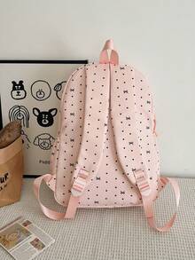 3pcs Nylon Bow Print Backpack Set, Foldable Multi-Pocket Large Capacity Zipper Backpack, Suitable For Teenagers And High School Students - Pink - View 5