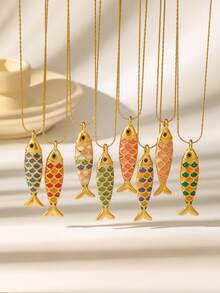 1pc Fashionable Exquisite Cute Colorful Shiny Fish-Shaped Stainless Steel Necklace, Suitable For Women's Daily Wear, Ocean Theme Series, Beach Accessory, Ideal Gift For Women's Beach Jewelry, Wedding, Engagement, Party, Halloween - Yellow Gold - View 11