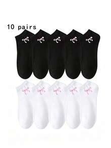 5/10/15 Pairs Unisex Comfortable Versatile Solid Color Black White Grey Bow Short Socks - Multicolor - View 2