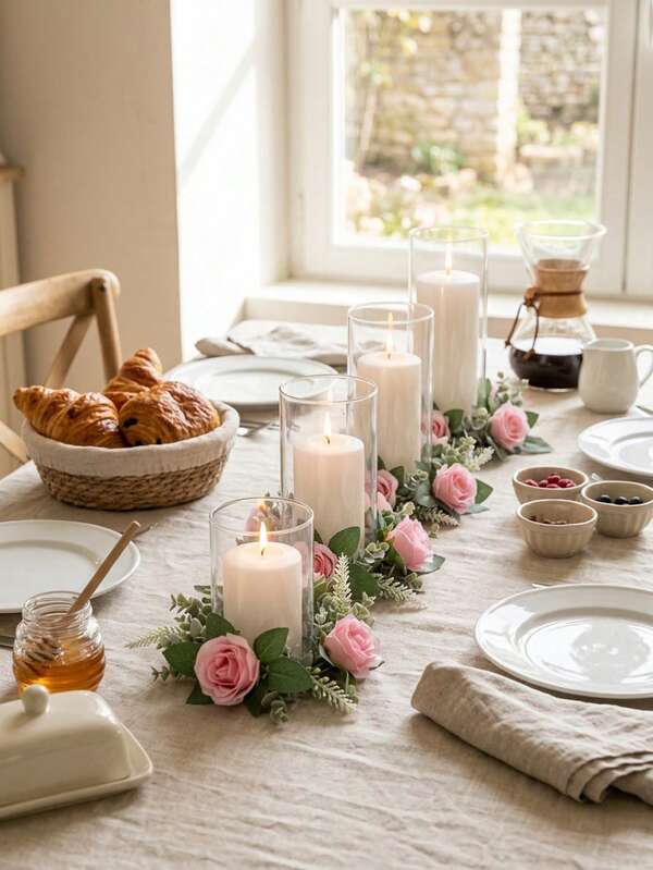 1 Set/1 Pieza Portavelas de vidrio de alta transparencia a prueba de viento + Conjunto de arreglo floral de rosa de champán artificial, estilo de campo francés Ins, decoración de mesa para boda/fiesta al aire libre/cena a la luz de las velas, combinación de portavelas floral atmosférico, decoración del hogar, suministros para fiestas, comedor familiar, suministros de restaurante de alta gama, decoración de boda, decoración de habitación, decoración de dormitorio, arreglo de mesa de recepción, muebles de dormitorio, coordinación de aniversario de boda, artesanías decorativas