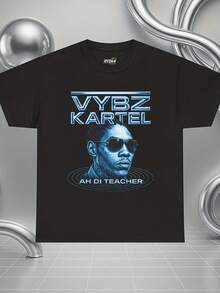 Vybz Kartel Men's "Ah Di Teacher" Graphic T-Shirt - Jamaican Y2K Style, Streetwear, Short Sleeve, Crew Neck, Casual, With Letter And Portrait Print, Sportswear For F - 黑色 - 查看 1