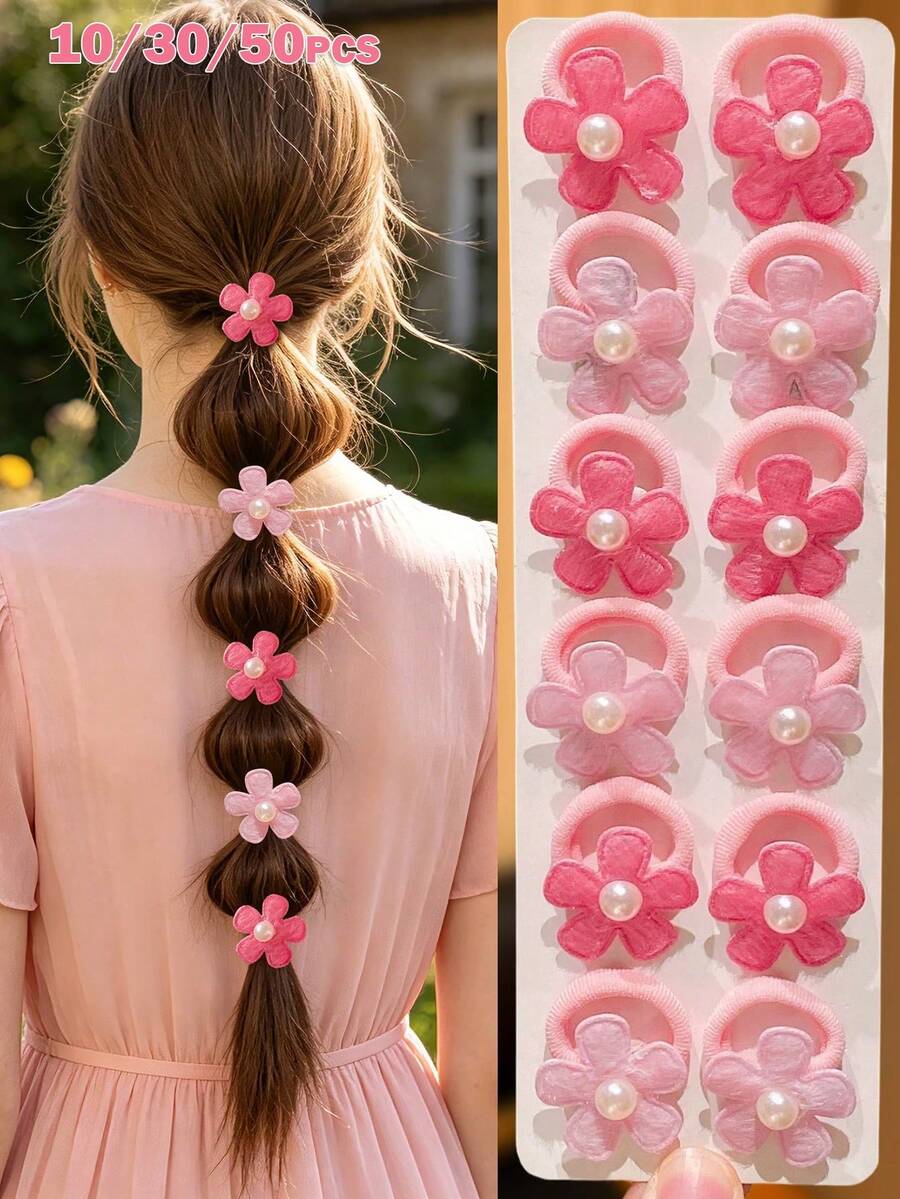 10/30/50pcs Sweet Girls Floral Hair Ties With Flower Decoration Y2k Hair Accessories, Suitable As Gifts For Cute Girls, Back To School, Daily Casual, Birthday Parties, Vacations, Home And All Occasions, Soft And Durable Hair Ties, Lightweight And Comfortable, Girls' Floral Hair Ties, Things Girls Like