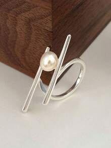 1pc Unique Creative Chopstick Shaped Pearl Ring, Elegant High-End Adjustable Open Ring, Fashionable Accessory - Silver - View 2