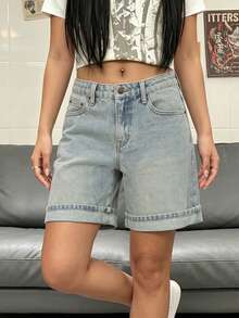 Short en jean décontracté pour femme à ourlet replié, été - Bleu délavé vintage - Voir 8