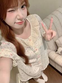 2pcs/Set Women's Pajama Homewear Set, Cute Animal Print Open Front Lace Collar Short Sleeve Simple Casual Shorts, Suitable For Spring And Summer, Can Be Worn Outdoors - White - View 10