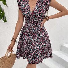 Soqi Women's Clothing Vestido corto de verano con estampado floral menudo, cuello en V, mangas tipo volante, cintura con pliegues y silueta para mujer, ideal para vacaciones - Multicolor - Ver 9