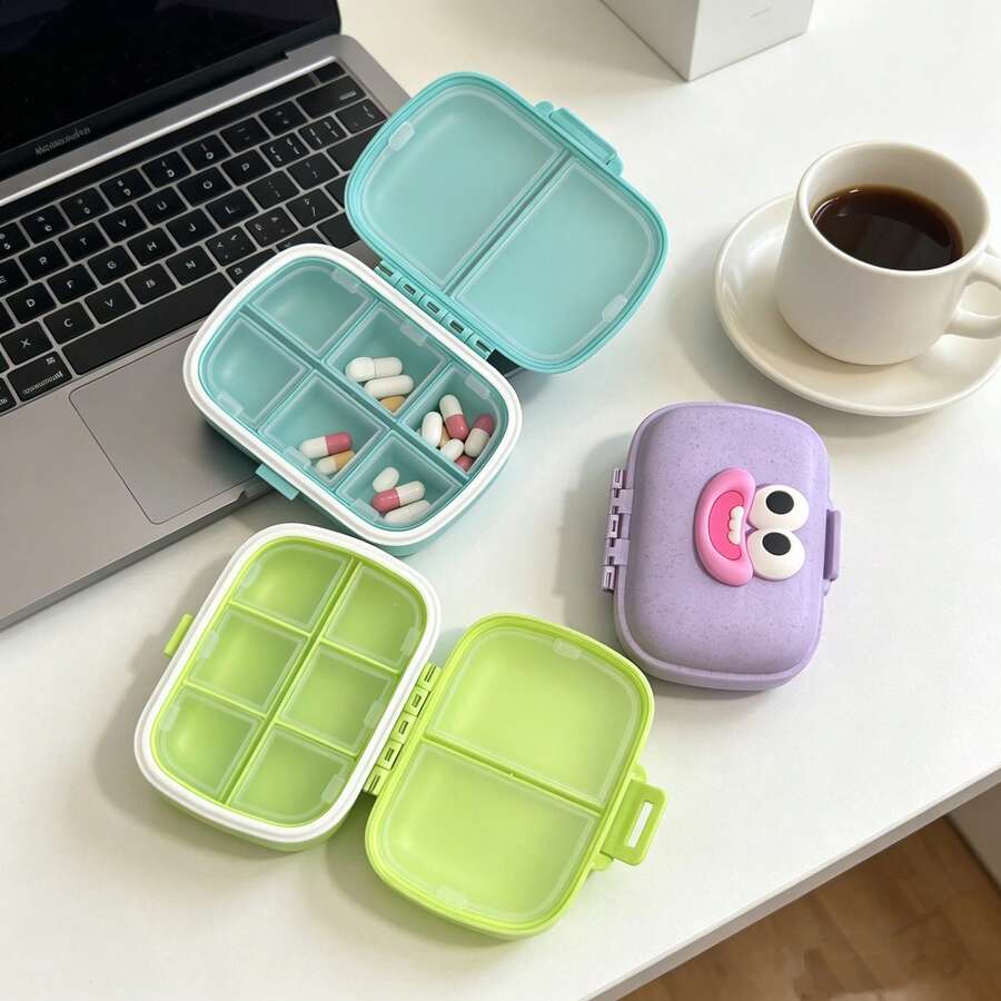 Caja de pastillas portátil sellada con cara sonriente - Fácil de guardar en bolsillos, bolsos y carteras, esencial para medicamentos diarios, esencial para viajes de negocios, caja de almacenamiento de pastillas, con diseño de divisor de 8 compartimentos - Multicolor - Ver 1