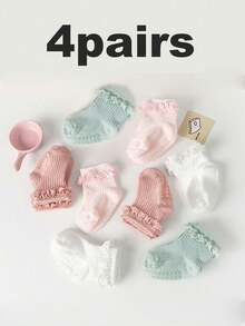 4 Pairs/1 Pair Girls' Ruched Socks, Cute Grippy Non-Slip Toddler Socks With Ruffle Trim, Suitable For 0-3 Years Old Babies - Multicolor - View 18