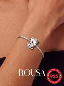 1pc 925 Sterling Silver Cat Hugging Heart Charm, Suitable For Women Bracelet Bangle DIY Jewelry Making, Exquisite Jewelry - Style 25 - View 2