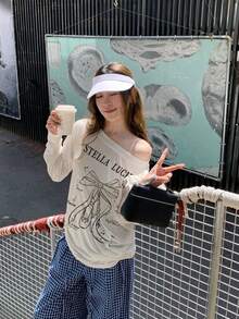 女款休閒白色字母印花不對稱肩長袖T恤，薄透防曬，寬鬆版型，春夏上衣 - 白色 - 查看 3