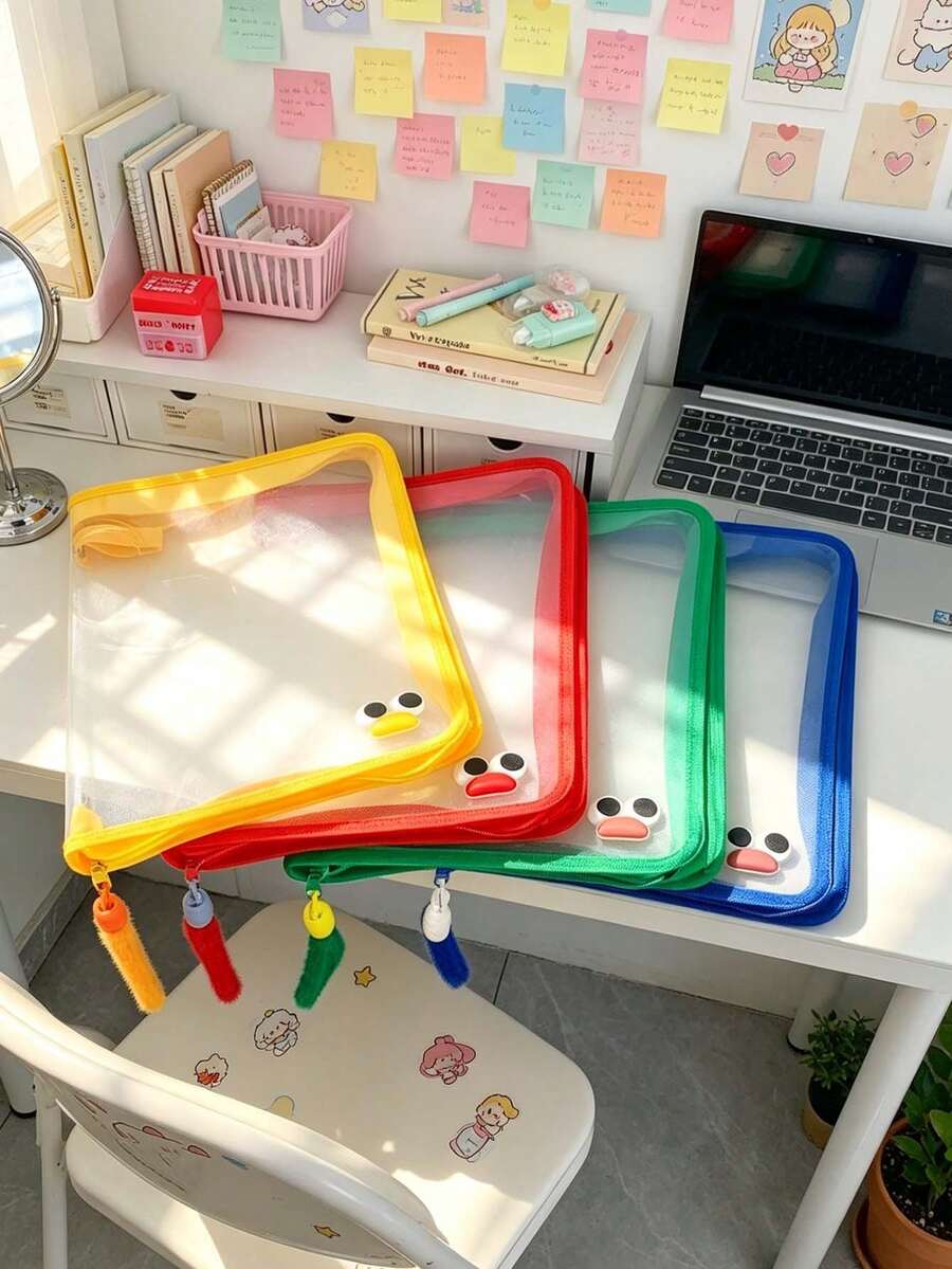 1pc Versatile Clear Document Pouch Waterproof Zipper File Bag Large Capacity Wide Bottom Space Saving Multi Color Design Portable Organizer For Test Papers Home Work Certificates Bills Receipts Stationery Pencil Cases Ideal For School Office