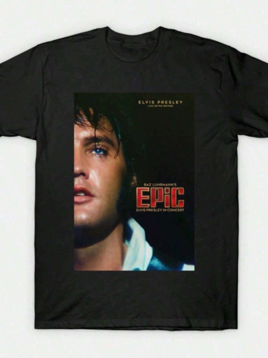 Camiseta con estampado de póster de película de concierto, camiseta de leyenda del rock 'n' roll, top casual de algodón con cuello redondo, camisetas de verano para hombre, corte regular. - Negro - Ver 1