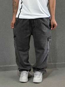 Black Stonewashed Cargo Jeans With Elastic Waistband. - Dark Wash - View 7