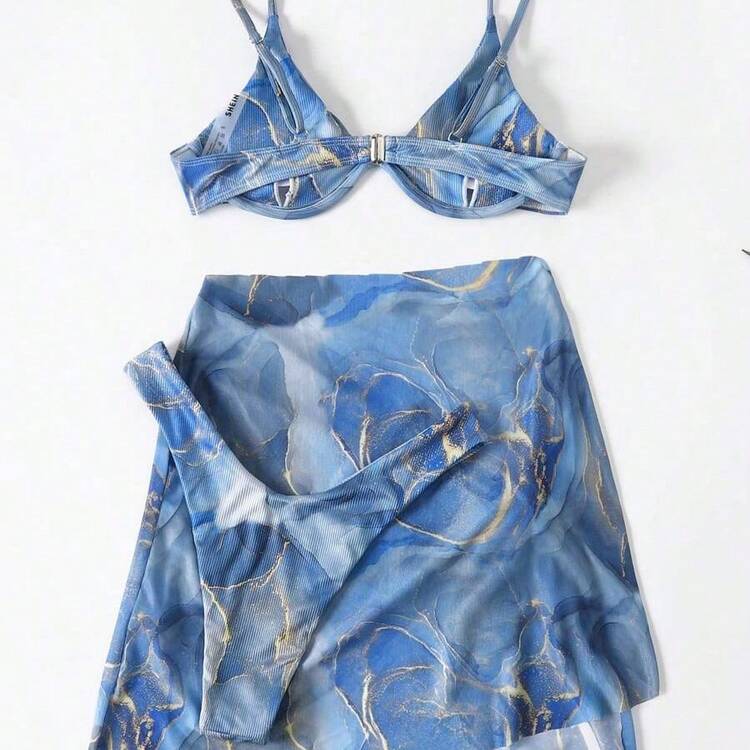 LunaCass8 Swim  Paquete de 3 trajes de baño con sujetador con aros y estampado de mármol y falda para playa de verano - Amarillo - Añade 5