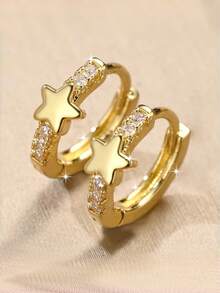 Women's Gold-Plated Star Hoop Earrings Exquisite Fully Micro-Pave CZ Zirconia Earrings Elegant Starry Sky Sparkling Crystal Zirconia Jewelry Gift - Gold - View 1