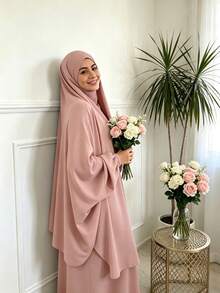 2件組 Nida面料女款寬鬆舒適Khimar長袍套裝，適合日常外出與祈禱穿著，四季皆宜，穆斯林伊斯蘭服飾Khimar頭巾祈禱吉爾巴布 - 彩色 - 查看 1