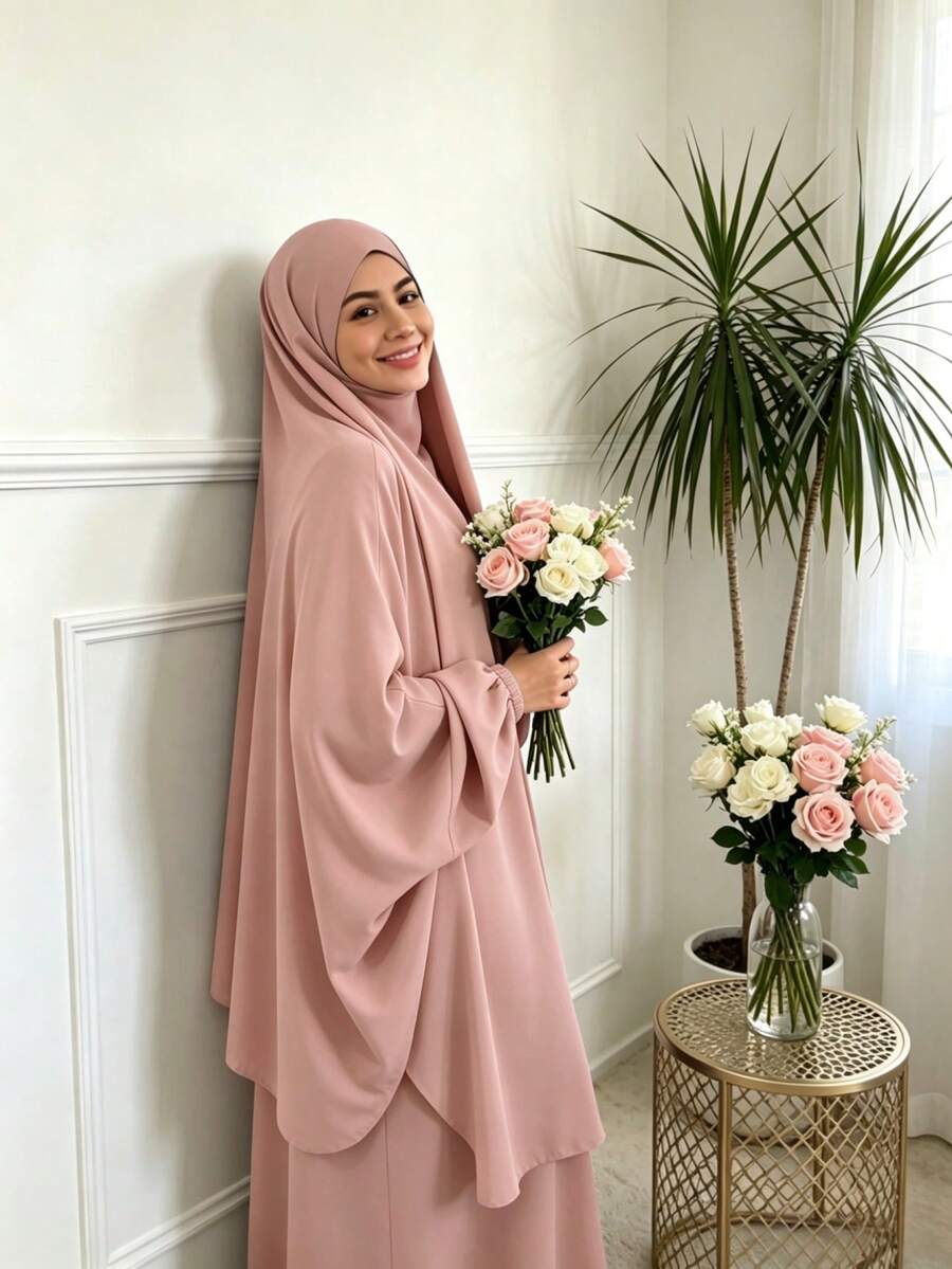 2件組 Nida面料女款寬鬆舒適Khimar長袍套裝，適合日常外出與祈禱穿著，四季皆宜，穆斯林伊斯蘭服飾Khimar頭巾祈禱吉爾巴布 - 彩色 - 查看 1