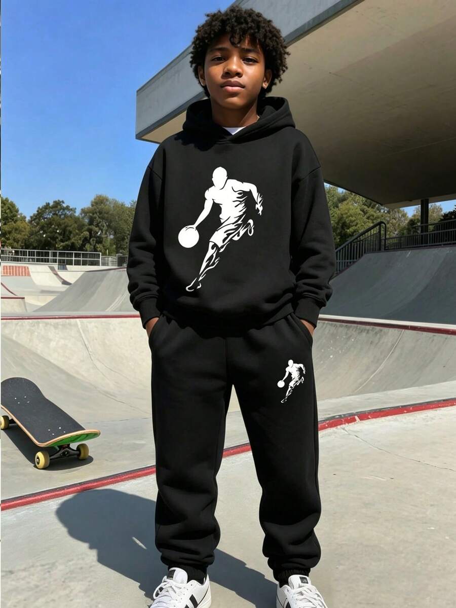 青少年男孩卡通印花保暖连帽衫和运动裤套装 - 黑色 - 查看 1