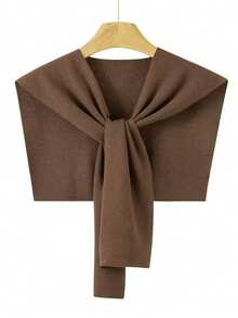 Women's Solid Knit Shawl, Versatile Tie Front Neck Scarf, Casual Warm Layering Accessory - Coffee Brown - View 5