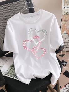 Camiseta de Manga Corta para Mujer Talla - Estampado de Corazón Brillante y Letras, Tejido Elástico de Peso Medio, Lavable aáquina, Cómoda para Todas las Estaciones, Camisetas Diver - Negro - Ver 1