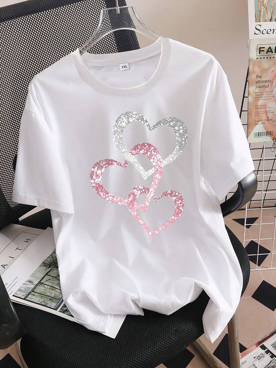 Camiseta de Manga Corta para Mujer Talla - Estampado de Corazón Brillante y Letras, Tejido Elástico de Peso Medio, Lavable aáquina, Cómoda para Todas las Estaciones, Camisetas Diver - Negro - Ver 1