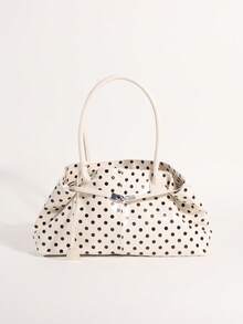 Bolso de axila de PU con lunares en contraste blanco y decoración de correa, bolso tote de gran capacidad, bolso de hombro para mujer adecuado para ir al trabajo y hacer compras - Blanco - Ver 4