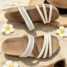 1 Pair Solid Color PU Leather Rhinestone Casual Beach Sandals, Holiday College Vacation Party Office Summer Women's Slippers - Beige - View 2