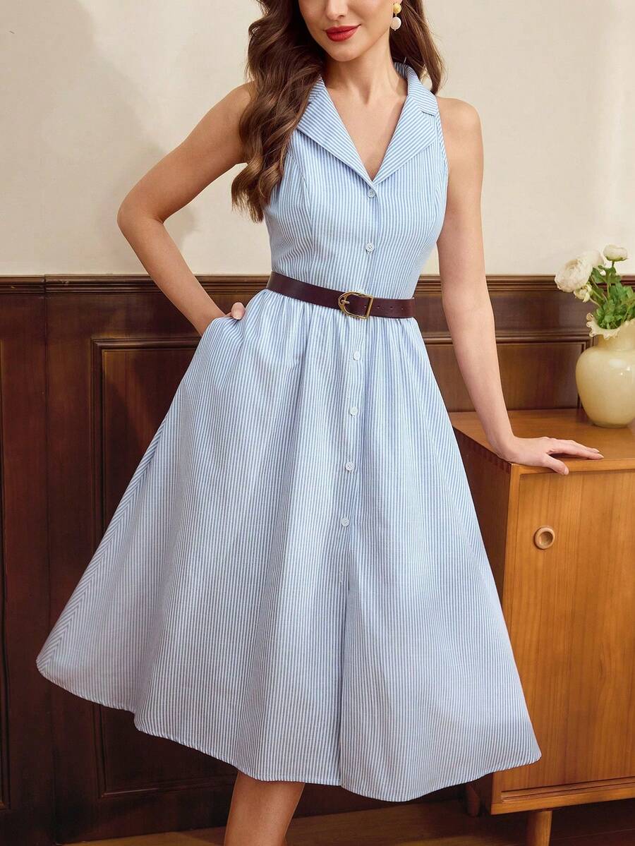 Vestido de mujer elegante y vintage con bolsillos y cinturón, vestido camisa casual para oficina, vacaciones y verano.Vestidos de verano para mujer, atuendos de vacaciones , - Azul y blanco - Ver 1