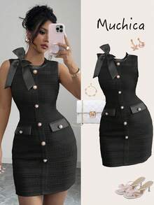 de 2 piezas de mujer con textura de punto de lazo, botones de perlas falsas, elegante satén francés, vestido de estirar ajustado para primavera/verano/principios de otoño, vestido de verano - Negro - Ver 1