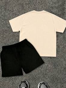 2-Piece Children's Graphic Short-Sleeved T-Shirt And Elastic Waist Shorts Set, Suitable For Both Boys And Girls, Youth T-Shirt, Boys' Set. - 杏色+黑色 - 查看 2
