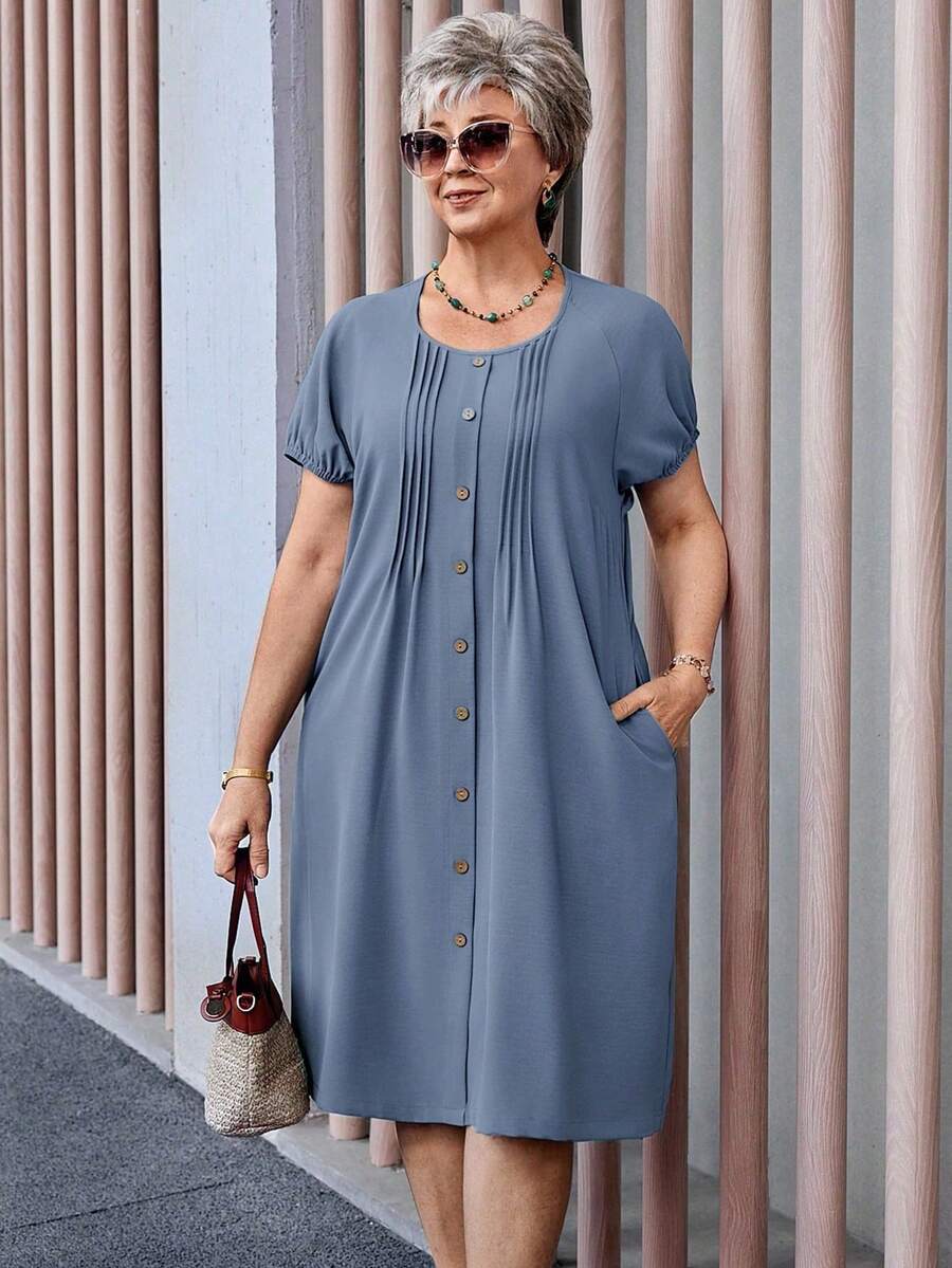 EMERY Vestido informal de talla de unicolor con botones delanteros, para el verano - Azul - Ver 1