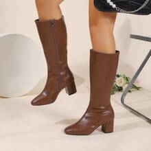 Autumn/Winter Retro Pointed Toe Chunky Heel Riding Boots, Versatile Side Zipper High Shaft Boots, Daily Commute & Date Slimming Long Boots - Brown - View 8
