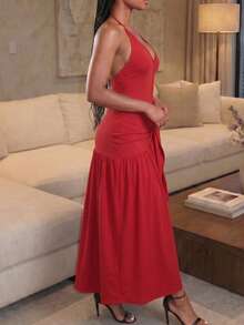 2pcs/Set Lace-Up Backless Bodysuits Paired With Wrap-Around Mid-Length Skirt, Sexy Outfit Summer Elegant - Red - View 3