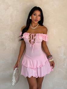Women's Summer Dress, Ruffle Hem Sexy Dress Elegant Pink - Pink - View 2