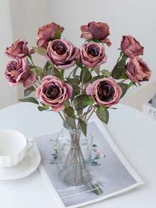 1 pièce Fleur de rose artificielle, convient pour le printemps, l'été, le mariage, la décoration de la maison, les fournitures de cuisine, le restaurant, la décoration de la chambre, la décoration de la chambre à coucher, les fournitures de salle de bain, les fournitures de fête de vacances et d'anniversaire, la décoration de jardin extérieur, cadeau de la Saint-Valentin - Rouge rose foncé - Voir 2