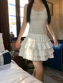 Cream White Frill Trim Skirt, High Waist Slimming Ballerina Tutu Skirt For Summer - White - View 5