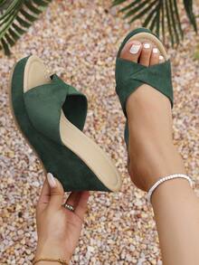 2026 Summer New Cross Strap Wedge Heel Sandals, Height-Increasing Slimming Linen Woven Thick Sole Slippers - Green - View 2