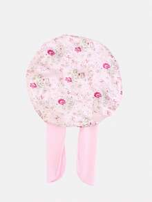 2pcs Printed Elastic Ribbon Satin Round Bonnet Hair Cap For Toddlers - JKDB-21C Floral Rose Red/Floral Light Pink - View 3