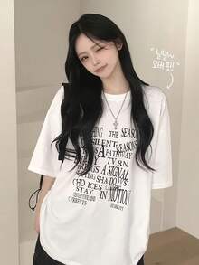 Camiseta Unisex de Algodón con Estampado de Letras, Estilo Casual Coreano y Japonés, Corte Holgado, Nueva Colección Primavera Verano VFCT - Negro - Ver 10