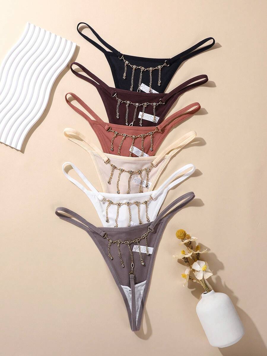 6pcs Tassel Metal Chain Women's Thong Panties - Multicolor - View 1