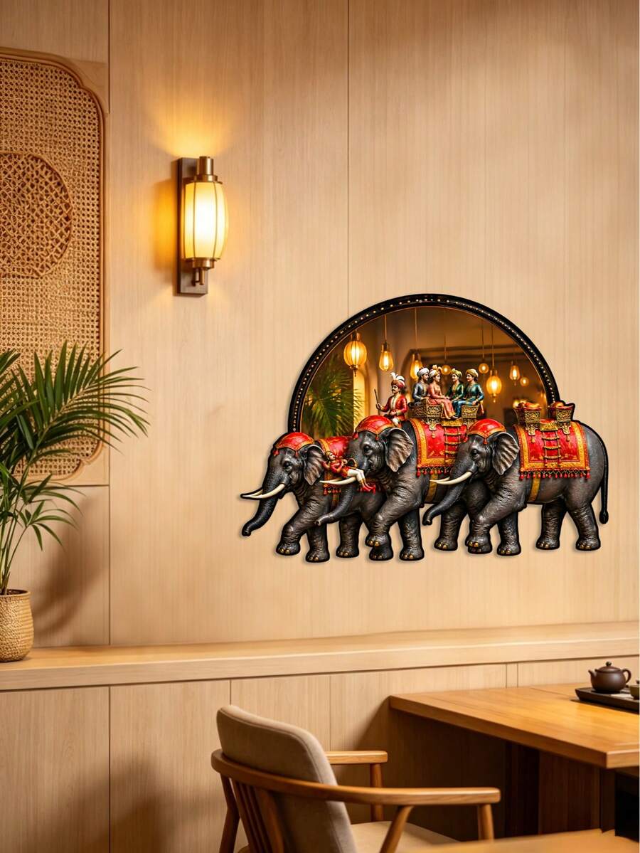 1 pieza Decoración de pared de metal 2D plana con desfile de elefantes reales, decoración de pared con forma de elefante bohemio exótico, adecuada para sala de estar, entrada, dormitorio, decoración del hogar, patio, regalo de vacaciones, regalo de inauguración de casa, regalo de cumpleaños, regalo de Navidad