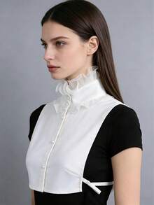 DA FEN QI MI MA 1 Pc Elegant White Ruffled High Neck Detachable Fake Collar, With Pearl Buttons, Versatile Decorative Neckline Accessory For Shirts And Sweaters - White - View 3