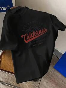 Smart Casual.1pac.100% Cotton.Plus Size Men's Round Neck Tee, LA California Surfing Beach Print For Summer Casual Daily Wear.Round Neck - Black - View 1