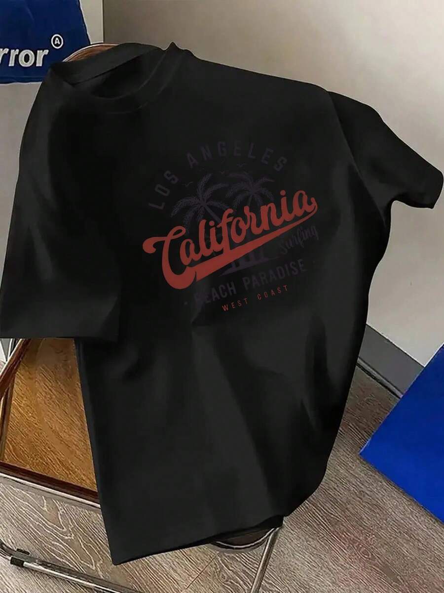 Smart Casual.1pac.100% Cotton.Plus Size Men's Round Neck Tee, LA California Surfing Beach Print For Summer Casual Daily Wear.Round Neck - Black - View 1